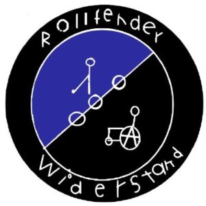 Logo von Rollfender Widerstand: Kreis Blau/ Schwarz und Skitze din mit Mensch auf einem Rollstuhl, ein anderer steht. Drumm herum Rollfender Widerstand