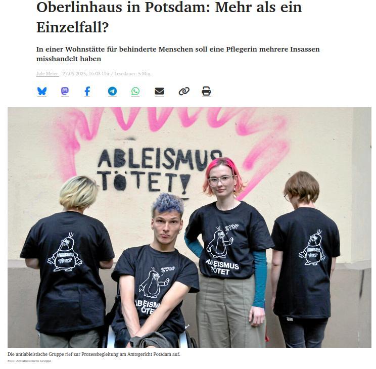 Screenshot Überschrift und Bild vom Artikel. Auf dem Bild sind 4 Aktivistis mit T-Shirts Ableismus tötet der Spruch ist auch an einer Wand gesprüht worden